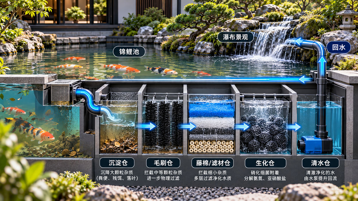 沉淀、毛刷、藤棉、生化和清水回流之间的分工与水流路径示意。