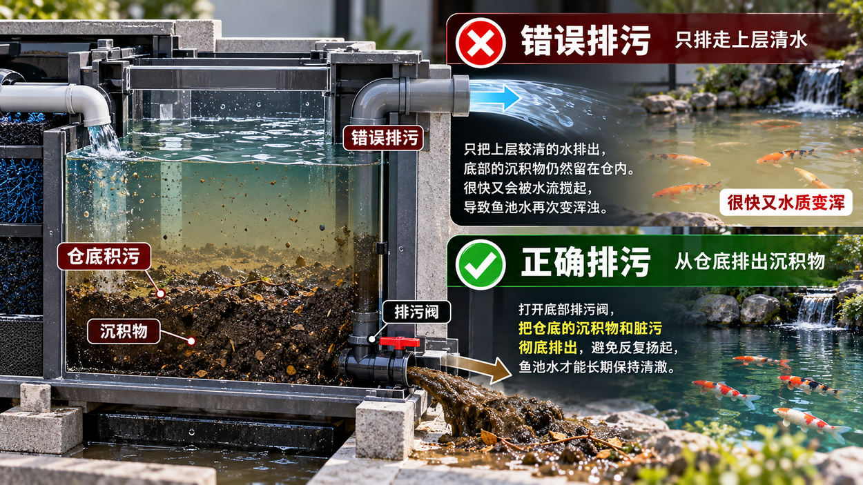 过滤仓排污对比：应检查沉积污物能否从底部有效排出。