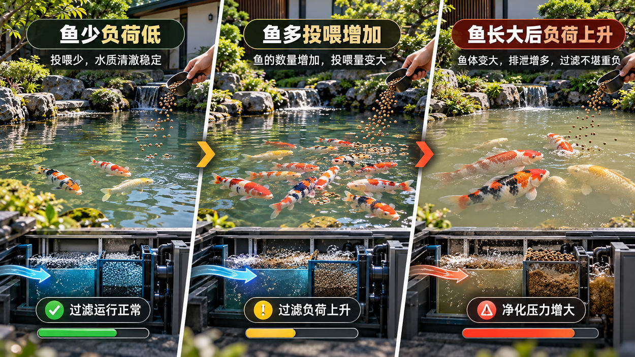 随着锦鲤数量、体型和投喂量增长，原有过滤系统的处理负荷也会改变。