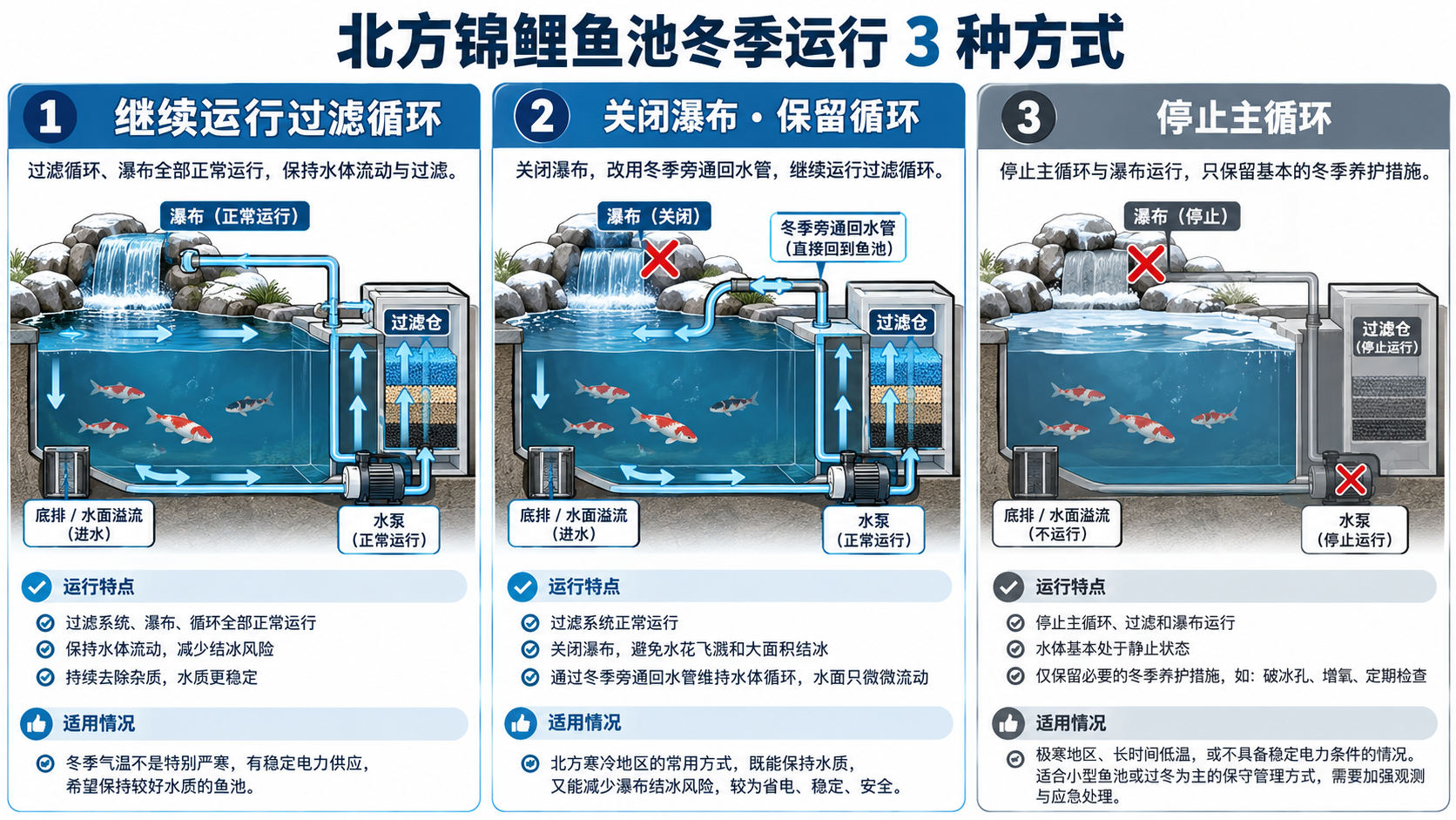 图2｜三种运行方案对比：继续过滤、关闭瀑布保留循环、停止主循环。（原理示意，并非真实项目照片或统一施工参数）