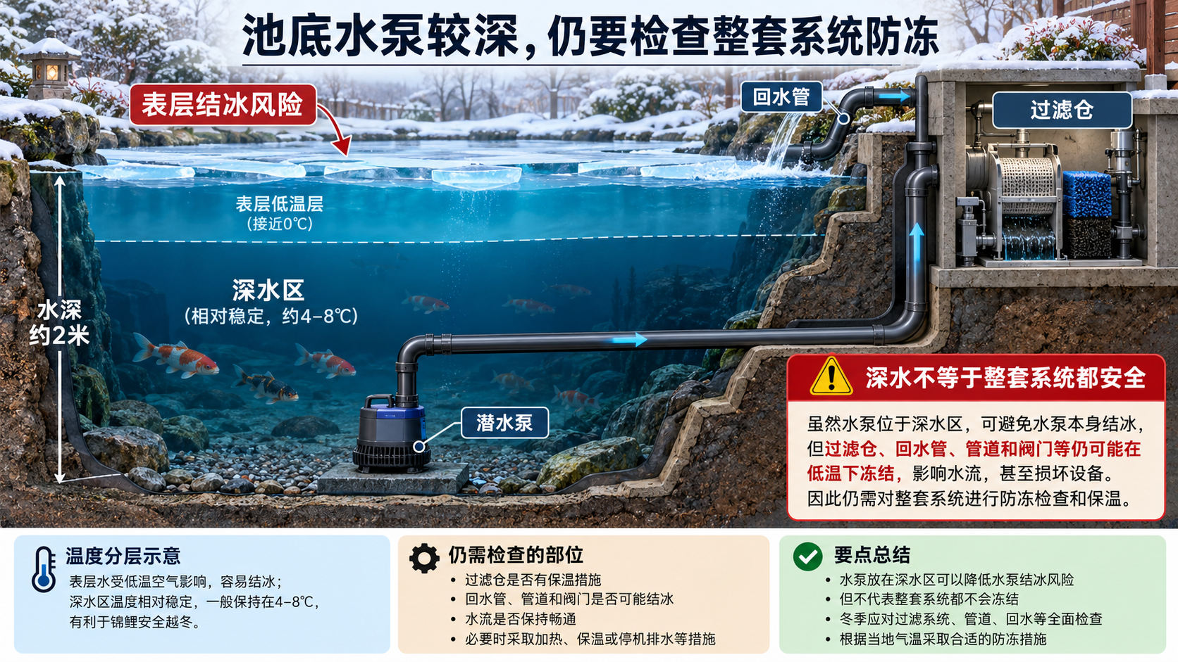 图3｜深水泵及过滤管路剖面示意：水泵位置较深，不能代替整套系统防冻。（原理示意，并非真实项目照片或统一施工参数）