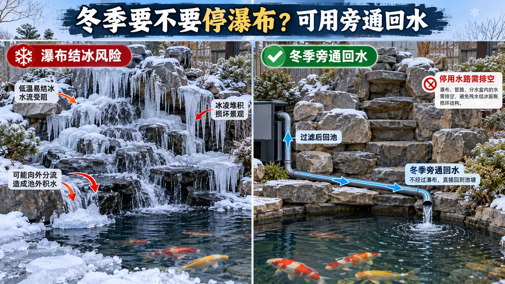 图6｜冬季关闭假山瀑布并设置旁通回水的方案对比示意。（原理示意，并非真实项目照片或统一施工参数）