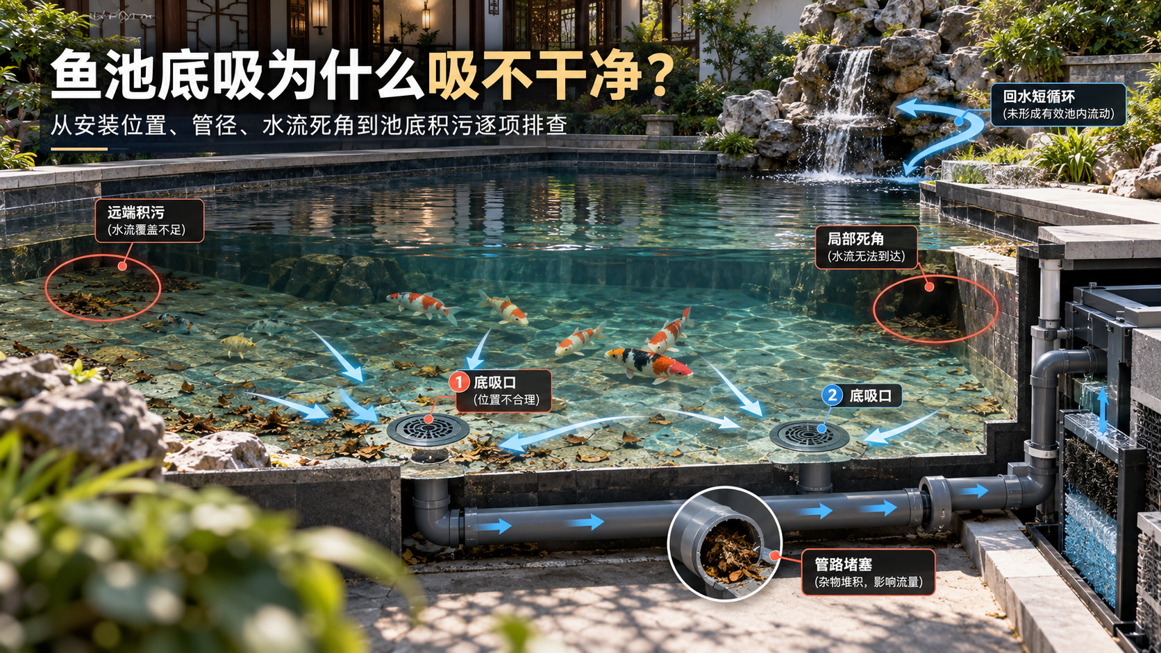 鱼池底吸为什么吸不干净？安装位置、管径、水流死角和池底积污怎么排查